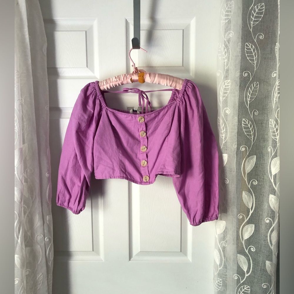 American Eagle cotton Linen Button design Crop Top Puff Balloon sleeve sz M tiny